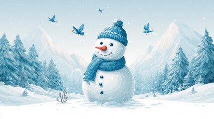 Obraz premium Charming snowman with blue scarf and hat stands in a snowy winter landscape with birds flying