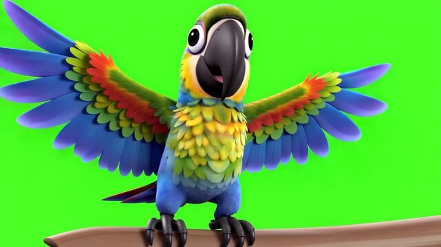 Animated parrot character spreading wings on green screen ready for keying chroma key tropical bird presentation