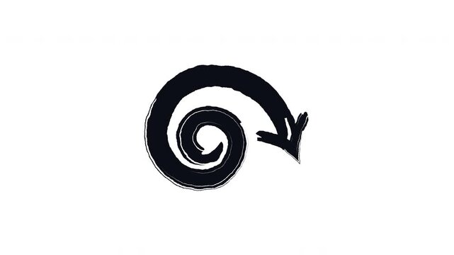 Loose spiral arrow bold thick stroke animation. Wide open curves moving inward with arrowhead pointing down. Expressive grunge marker highlight pointer 4K video motion. Animated ink rough direction