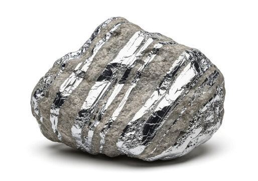 A close-up view of a rough, silver ore rock with metallic striations on its surface, isolated on a clean background