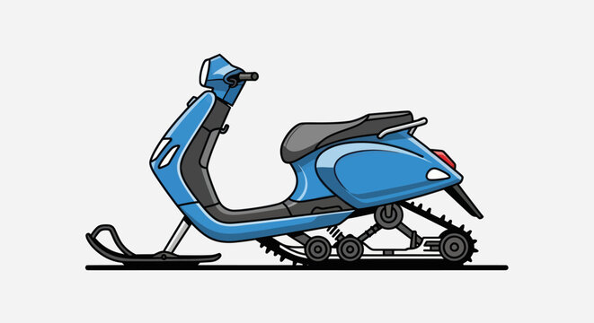 Modern blue snow scooter concept with tracks and ski in cartoon style illustration.