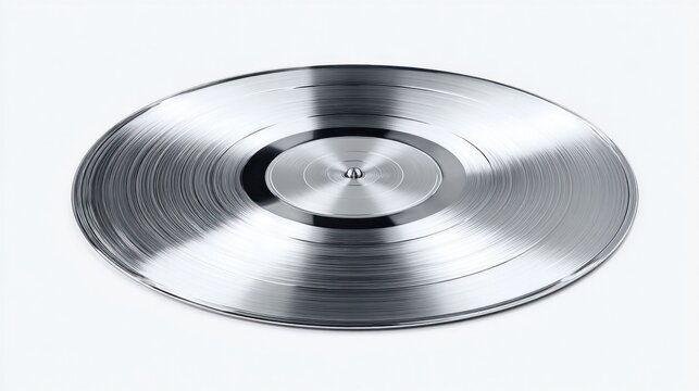 Shiny silver vinyl record with concentric grooves and a central spindle detail