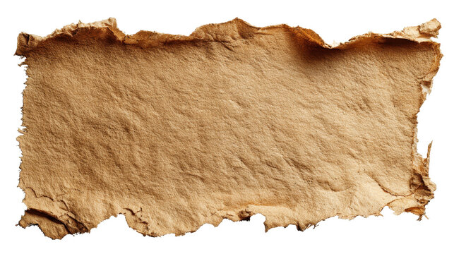 Aged parchment paper with rough, torn edges and textured surface, providing a vintage background for historical documents, old maps, or ancient texts, on transparent background