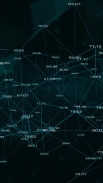 abstract network of lines and random numbers with polygons and clouds on background. this type of network is also called, plexus. loop animation, vertical video (3d render)