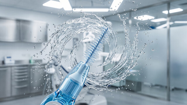 blue interdental brush in water splashes on clinic background