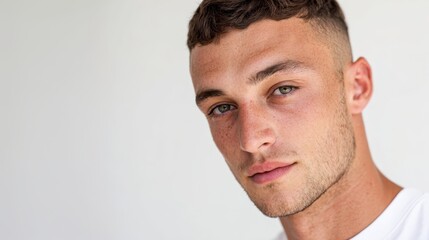 Fototapeta premium Young man with green eyes and short brown hair, subtle stubble and freckles, close up headshot conveying natural beauty, confidence and youthful individuality against a light background