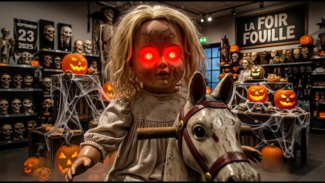 Creepy Doll with Glowing Eyes Halloween Display.