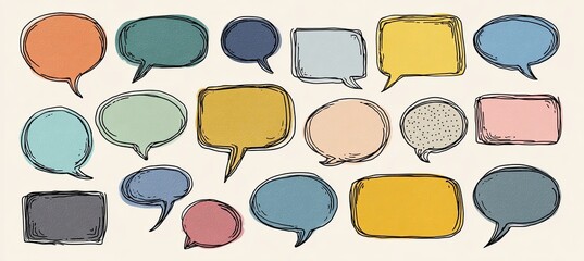 Fototapeta premium Hand-drawn, varied-shape speech bubbles in multiple colors on a cream background