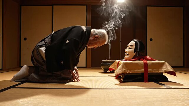 Elderly japanese man bowing in a traditional tatami room with a noh mask and smoking incense for ancient rituals