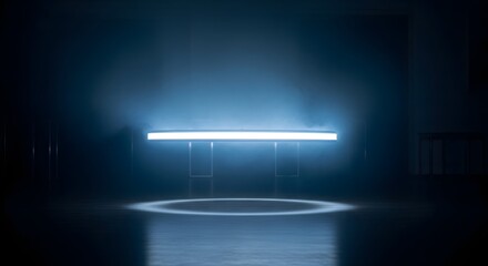 Futuristic glowing platform in a dark room with a mysterious aura