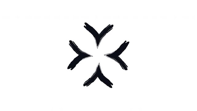 Four arrows pointing inward bold thick stroke animation. Convergence focus. Centralization target. Expressive grunge marker highlight pointer 4K video motion. Animated ink rough direction