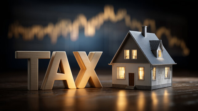 Tax and Property: Conceptual image illustrating the concept of taxation in relation to real estate with a miniature house placed beside the word TAX. This image conveys themes of property value.