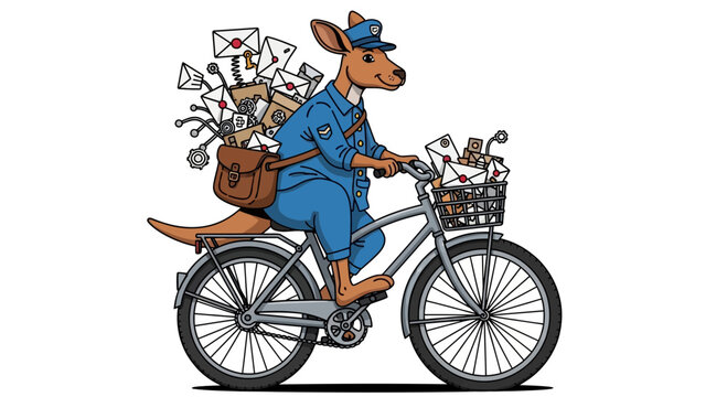 Cartoon Kangaroo Riding Bicycle with Mail Bag, Postal Cap, and Basket of Letters, Newspaper, and Package in a Playful Setting