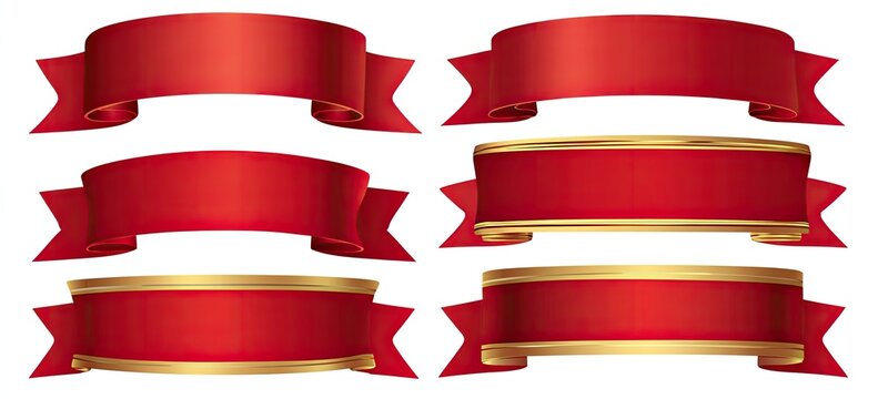 Six red ribbons, some with gold trim, are shown on a white background. Their design varies slightly