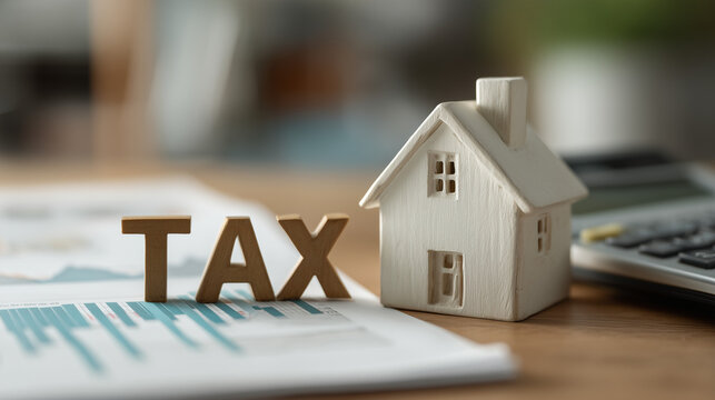 Tax and Property: The concept of property tax illustrated by wooden letters that spell the word TAX next to a miniature house.