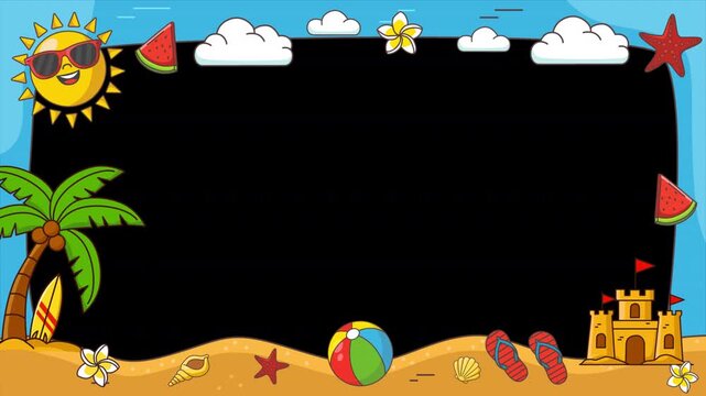 Cartoon Summer Beach Frame with Sandcastle, Sun, and Palm Trees Overlay