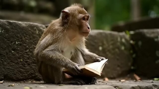 Curious macaque monkey intently 'reading' a small book, perched on weathered stone blocks in a serene jungle temple environment, a truly unique and intellectual animal moment