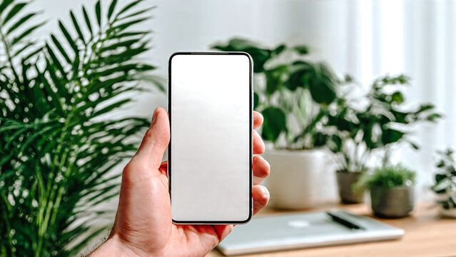 Main tenant un smartphone avec &eacute;cran noir et en arri&egrave;re plan des plantes en pot