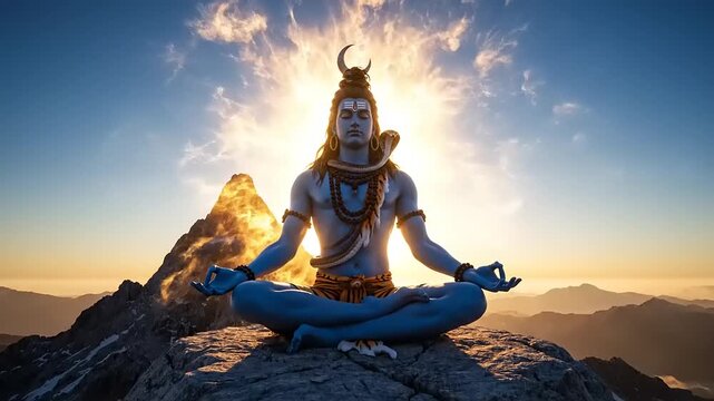 Lord Shiva in meditation on a mountain peak, with divine light emanating from his forehead