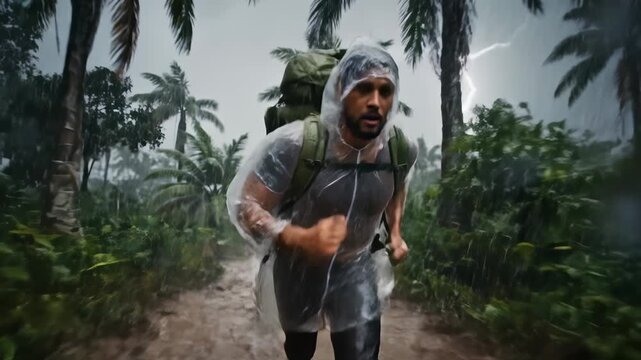 A relentless storm engulfs a dedicated adventurer racing through a verdant jungle. Rain pours heavily as thunder roars, heightening the urgency of the journey. Passion and perseverance shine through.