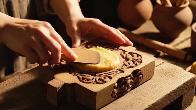 Artisan Hands Crafting Intricate Wooden Block with Precision and Skill.