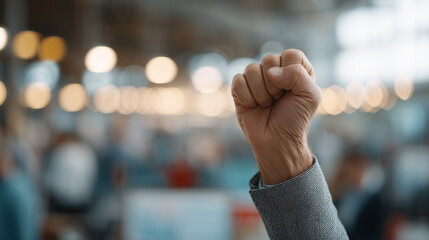 Empowered Hand Gesture: A close-up shot of a hand clenched into a fist, raised with conviction, symbolizing strength, resistance, and determination in a blurred backdrop. 