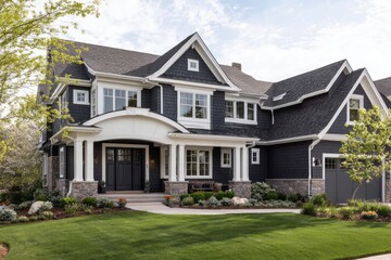 Dark gray shingled house with stone accents and manicured lawn.