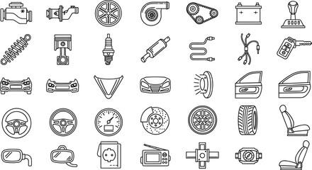 Fototapeta premium Automotive Parts and Car Components Line Icon Set Featuring Engine Elements, Tires, Brakes, Electronics, Interior Accessories, and Vehicle Maintenance Symbols