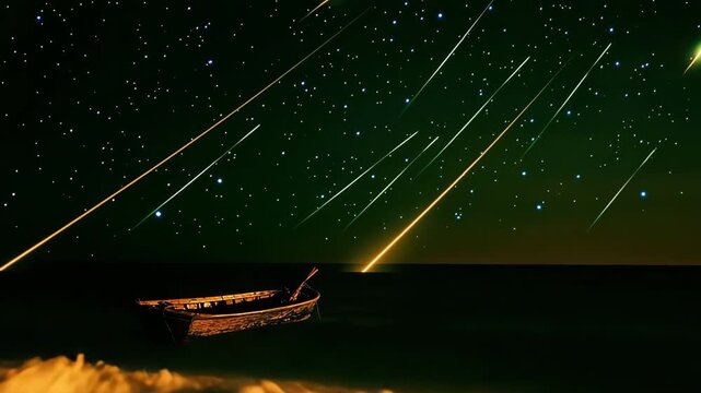Small boat floating on ocean under bright shooting stars at night