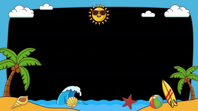 Tropical Beach Frame Overlay featuring Animated Waves and Surfboard Design.