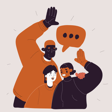 Vector illustration of people waving together, two women and a man, concept of greeting, friendliness, and social interaction
