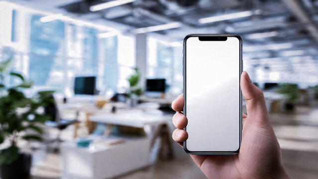 Main tenant un smartphone avec &eacute;cran blanc avec arri&egrave;re plan de bureau 
