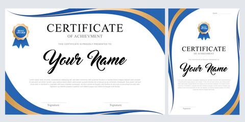 Graduation certificate template design, award, championship modern theme, blue gold silhouette color