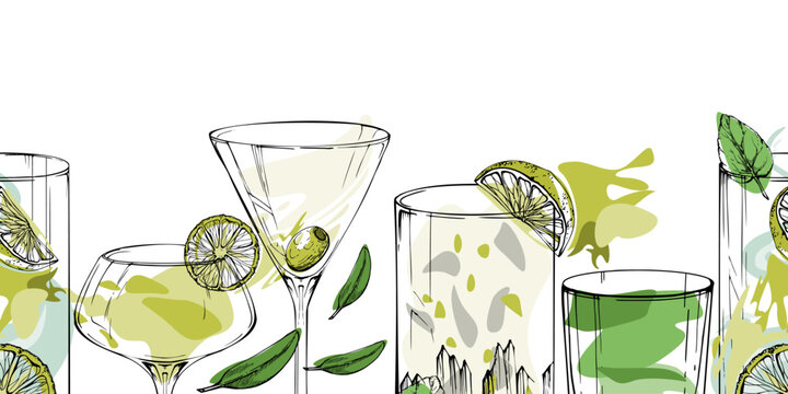Seamless citrus cocktail band. Martini, absinthe spirits, Daiquiri, lime Mojito in minimal vector style. Hand drawn banner for recipe blogs, bar promotions, wrap edges, social media and stationery.