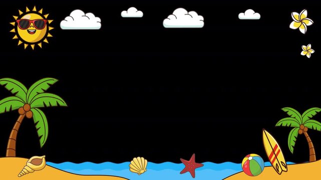 Simple Summer Beach Border with Palm Trees and Flowers on Transparent Background.