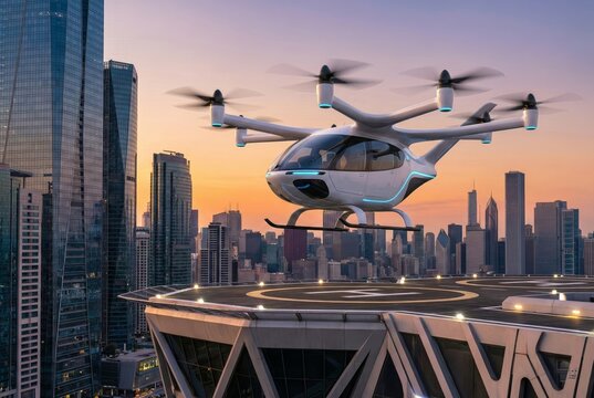 Sci-fi electric aircraft landing on vertiport with golden hour lighting