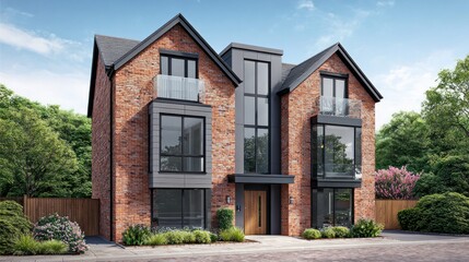 Modern brick house with contemporary architectural features and lush green surroundings