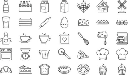 Fototapeta premium Bakery and Kitchen Icon Set Featuring Cooking Ingredients Baking Tools Food Products and Homemade Dessert Symbols for Restaurant Apps and Culinary Designs
