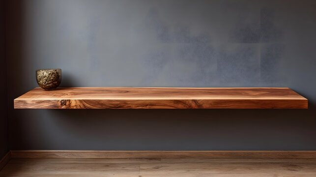 A natural live edge wooden shelf with a decorative bowl on a dark gray wall
