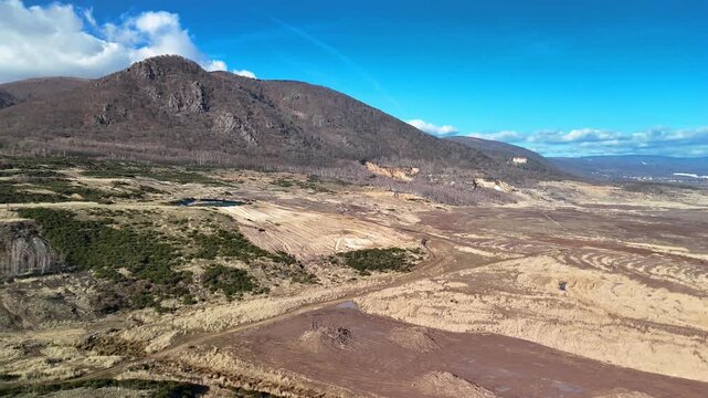 Aerial drone view of industrial quarry landscape
