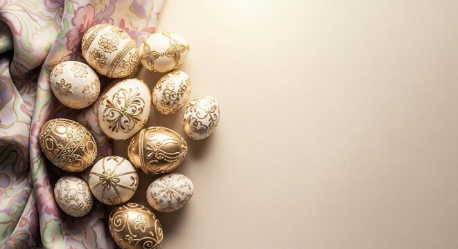 Elegant Easter eggs with golden ornament lie on a delicate fabric. Spring holiday celebration and festive decoration concept for greeting card.
