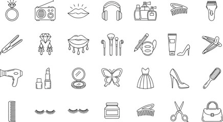 Fototapeta premium Beauty and Fashion Line Icon Set Featuring Cosmetics, Makeup Tools, Hairstyling Accessories, Skincare Products, Clothing, and Personal Care Symbols for Salon and Lifestyle Design