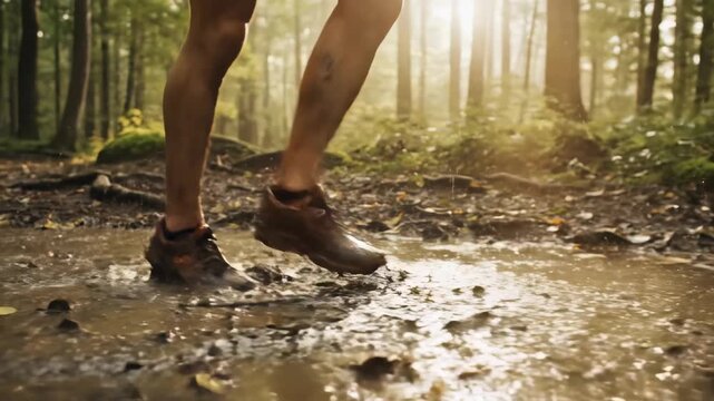 Amidst the tranquil forest, a runner dashes joyfully through puddles, surrounded by radiant sunlight filtering through lush trees. The strong spirit of adventure blends with nature's charm.
