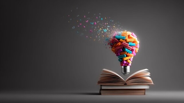 Colorful lightbulb made of small objects erupting from an open book symbolizes new ideas
