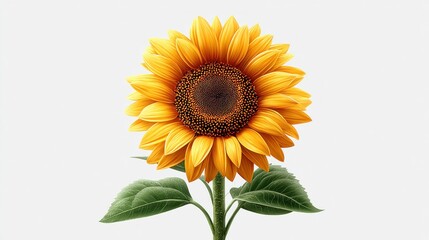 Vibrant yellow sunflower with detailed petals and green leaves against a clean white background