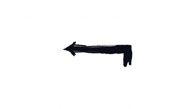 Right-angle arrows turning left bold thick stroke animation. 90-degree bends pointing leftward path. Expressive grunge marker highlight pointers 4K video motion. Animated ink rough direction