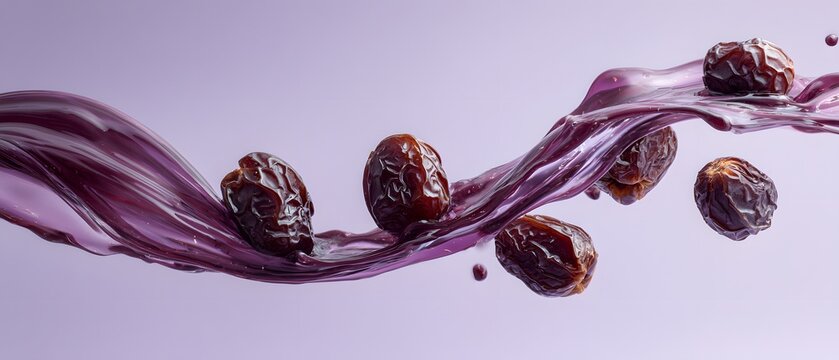 Fresh organic dates fruit splashing into purple liquid with bubbles