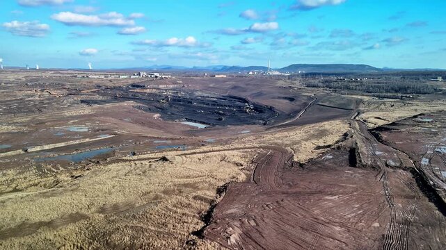 Drone aerial view of wide quarry landscape