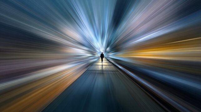 Person walking fast through a speeding light tunnel, concept of time travel and future opportunities