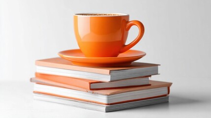 Naklejka premium Bright orange coffee cup resting on a stack of books, symbolizing relaxation and knowledge